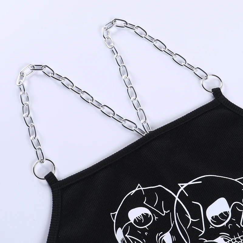 

Lilac XN Sexy Skull Letter Print Camis Crop Tops Goth Chain Backless Straps Camisole Harajuku Women Basic Tops Summer Clothes