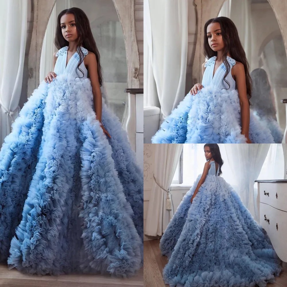 

Gradient Ruffled Flowers Girls Dresses For Wedding Backless V Neck Toddler Pageant Gowns Sweep Train Tulle Children Prom Dress