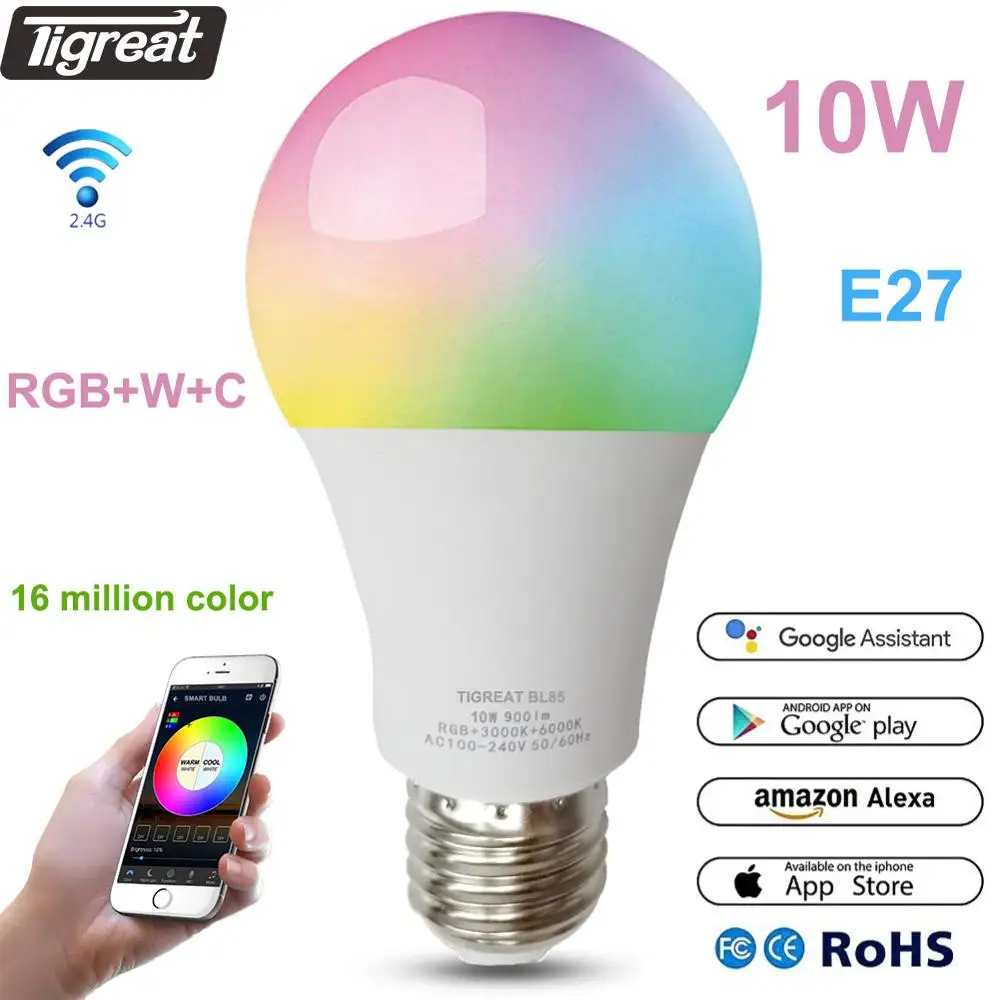 Tigreat WiFi смарт лампы в виде светильник 10 Вт RGB + W C E27 умная вспышка с wifi лампа Tuya ЖК