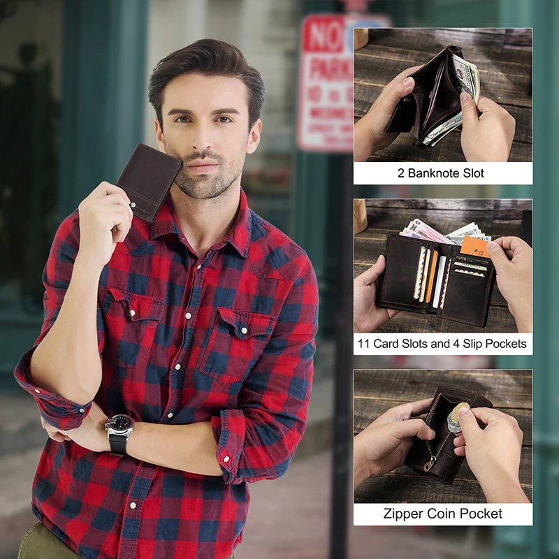 CONTACT'S Genuine Leather Men Wallets Small Money Purses Wallets Male Vertical Rfid Wallets Multi Function ID Credit Card Holder