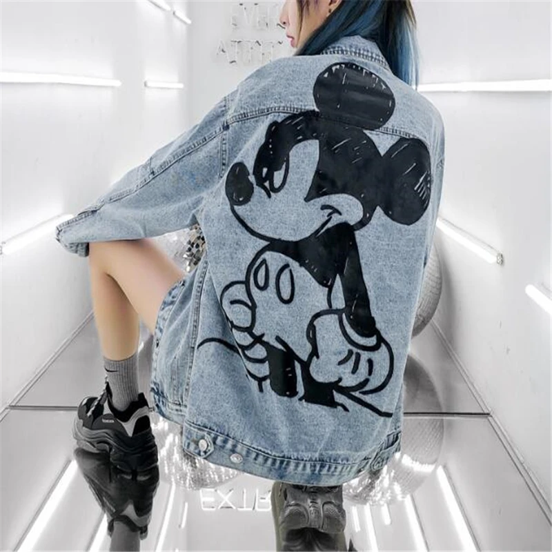 

Disney Mickey Mouse Coats Casual Oversized Denim Jacket Women Cartoon Graffiti Loose Outerwear Female Clothes Lady Jean Jackets