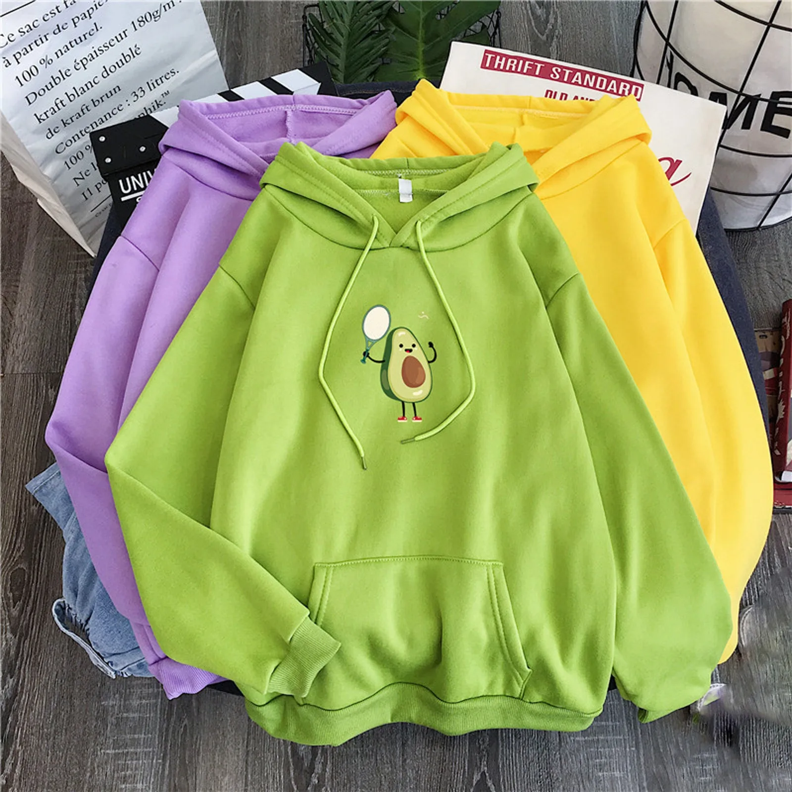 

New Avocado Hoodie Oversized Cartoon Print Pocket Sweatshirt Hooded Harajuku Retro Korean Pullover Unisex