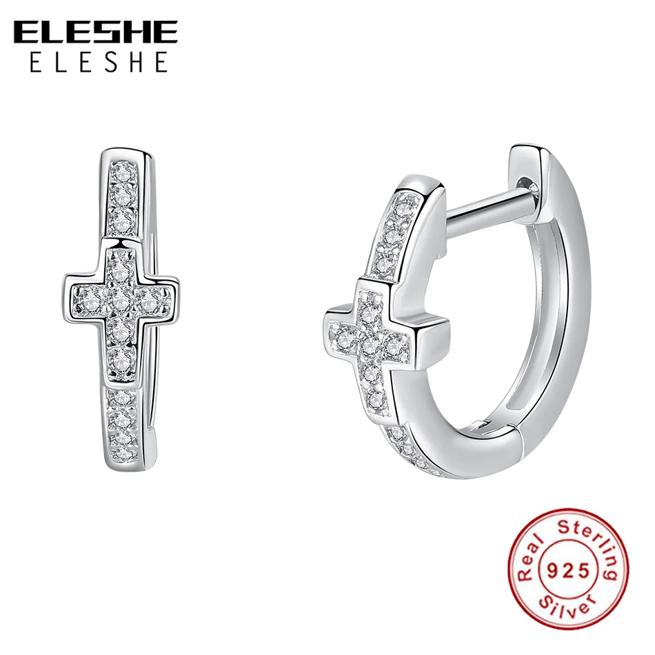ELESHE, модные, новые, 925 пробы, серебряные, символ веры, крест, серьги-гвоздики с AAA кристаллами циркония, серьги для женщин, ювелирное изделие
