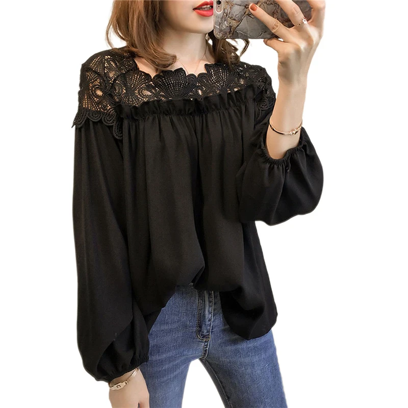 

Elegant Women Lace Embroidery Long Sleeve Loose Blouses Fashion Lady Girl Solid Color Round Neck Loose Chiffon Shirts Streetwear