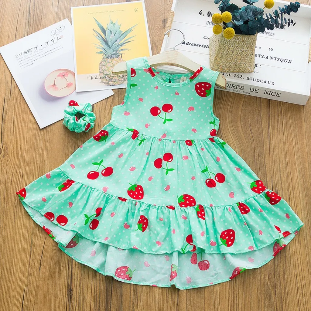 Baby Kids Girls Sleeveless Strawberry Dot Printed Dress+Headband Clothes Set 1 2 3 4 Years | Детская одежда и обувь