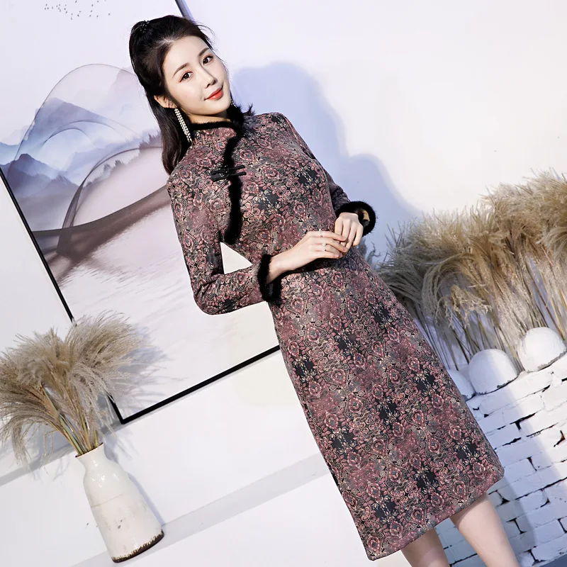 

Long Winter Fur Collar Ladies Cheongsam Plus Size National Style Daily A-Line Dress Suede Fabric Warm Qipao