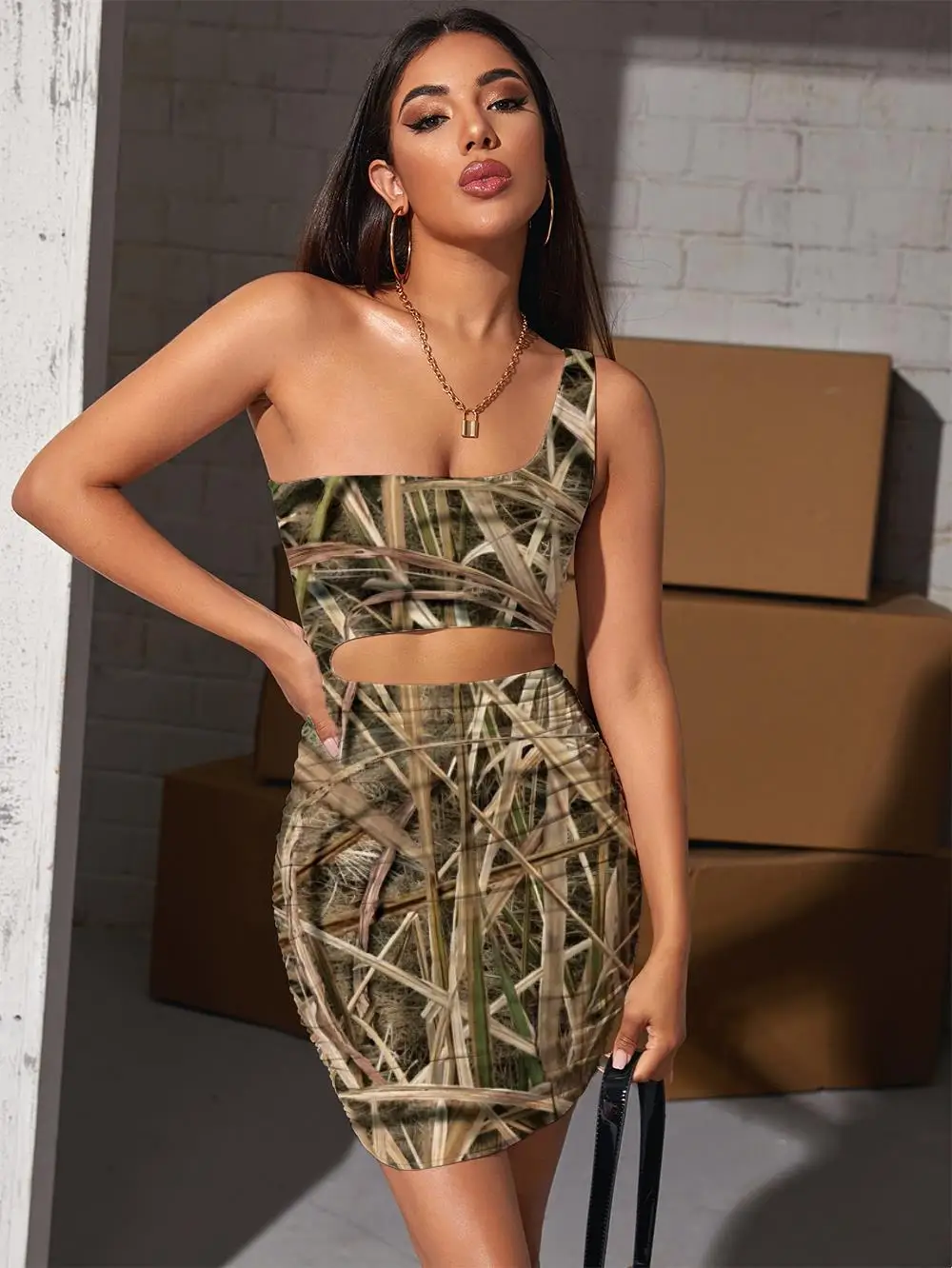 

Giyu Brand Camouflage Dresses Women Psychedelic Pleating Abstract Halter Sleeveless Straw Bodycon Dress Womens Clothing Club