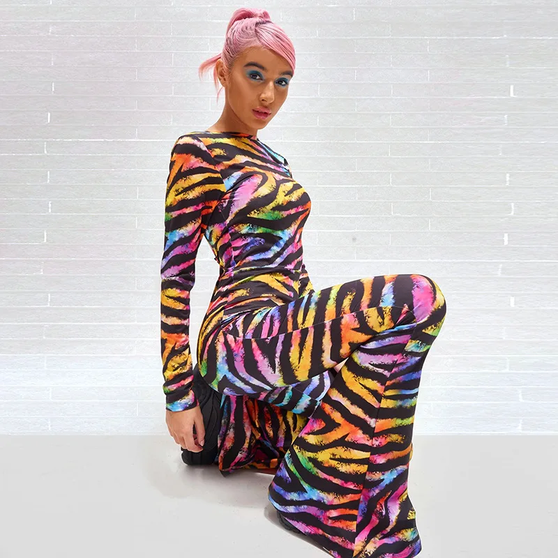 Rainbow Zebra Print Jumpsuit Women Long Sleeve Flare Pants Ladies Rompers Open Back Female Catsuit Backless |