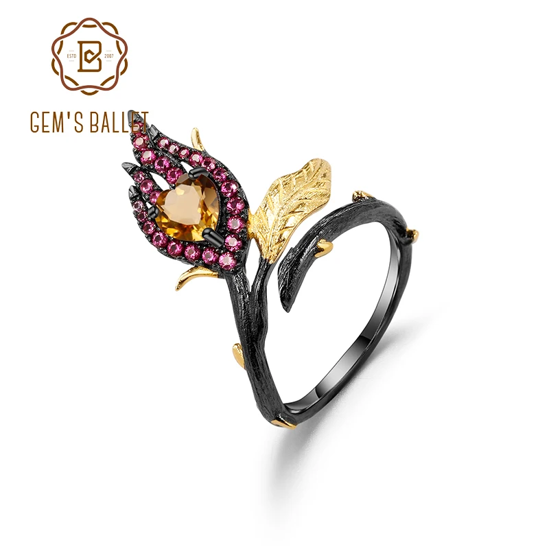 

Женское кольцо с цветком GEM'S BALLET, регулируемое кольцо ручной работы из серебра 925 пробы с натуральным Цитрином