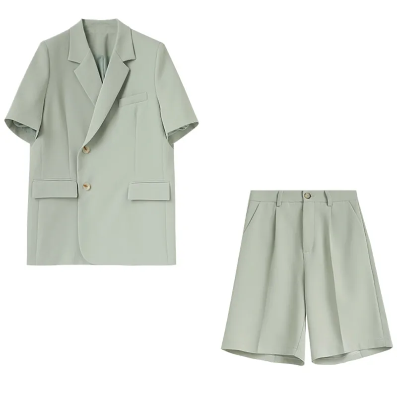 

Women's Summer Suits Short Sleeve Blazers Double Breasted Black Solid Casual Suit Jackets Half Shorts Pants Loose Elegant Suit
