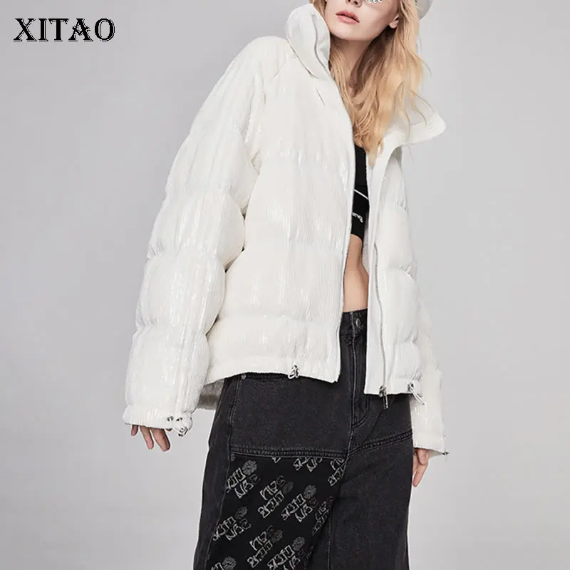 

XITAO Winter New Short Down Coats Heavy Industry Sequins Splicing Fashion Trend Women Simplicity Solid Color All-match GWJ1438