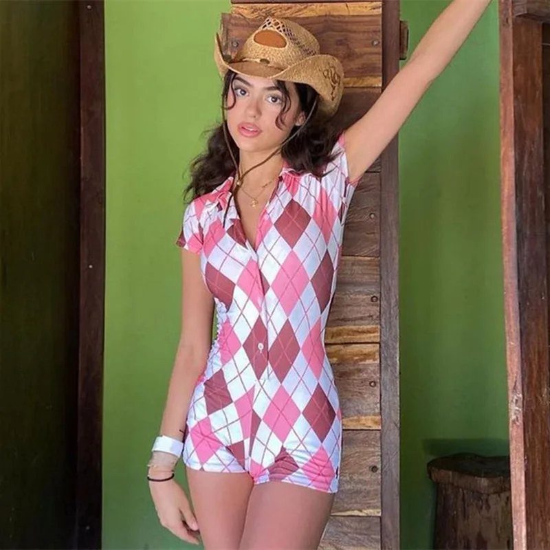 

Women Sexy Lapel V-Neck Bodycon Bodysuit Casual Check Printed Button Jumpsuit Shorts Romper Leotard Ladies Summer Clothes Hot