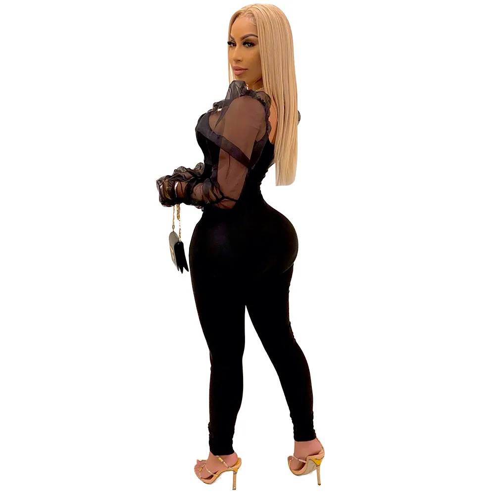 

Mesh Patchwork Women Skinny Jumpsuits Autumn New Arrivals Female's INS Hottest Sexy Deep V-neck Puffy Sleeve Rompers