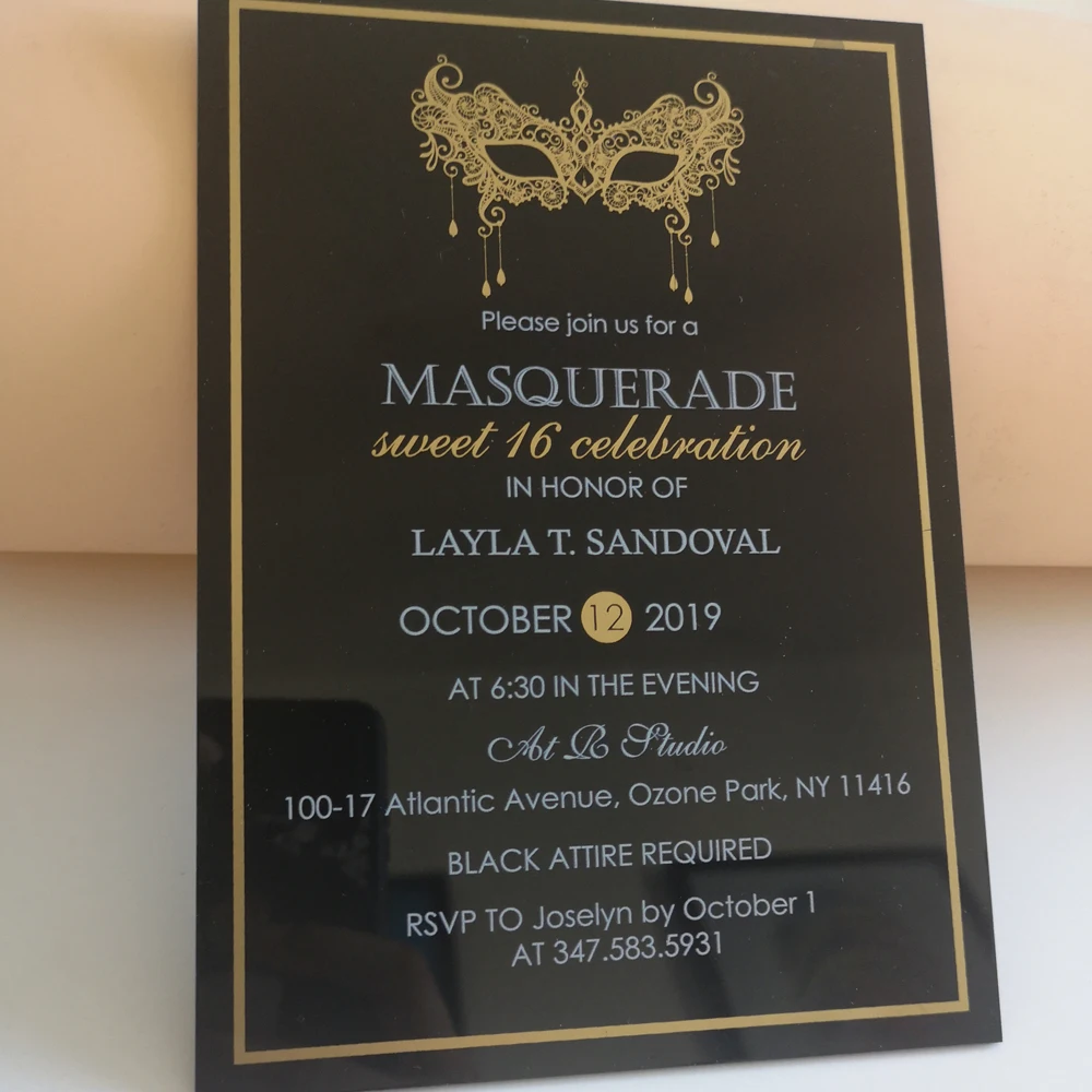 10pc/lot High quality UV Printing Eco-Friendly inks Screen Gold Foil Mask Black Acrylic Card Wedding Invitation | Дом и сад
