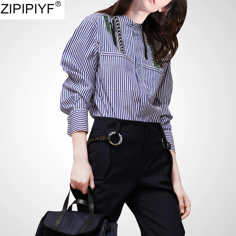 2020 summer women casual striped shirt stand collar long sleeve blouse retro elegant tops blusas fashion new arrivals