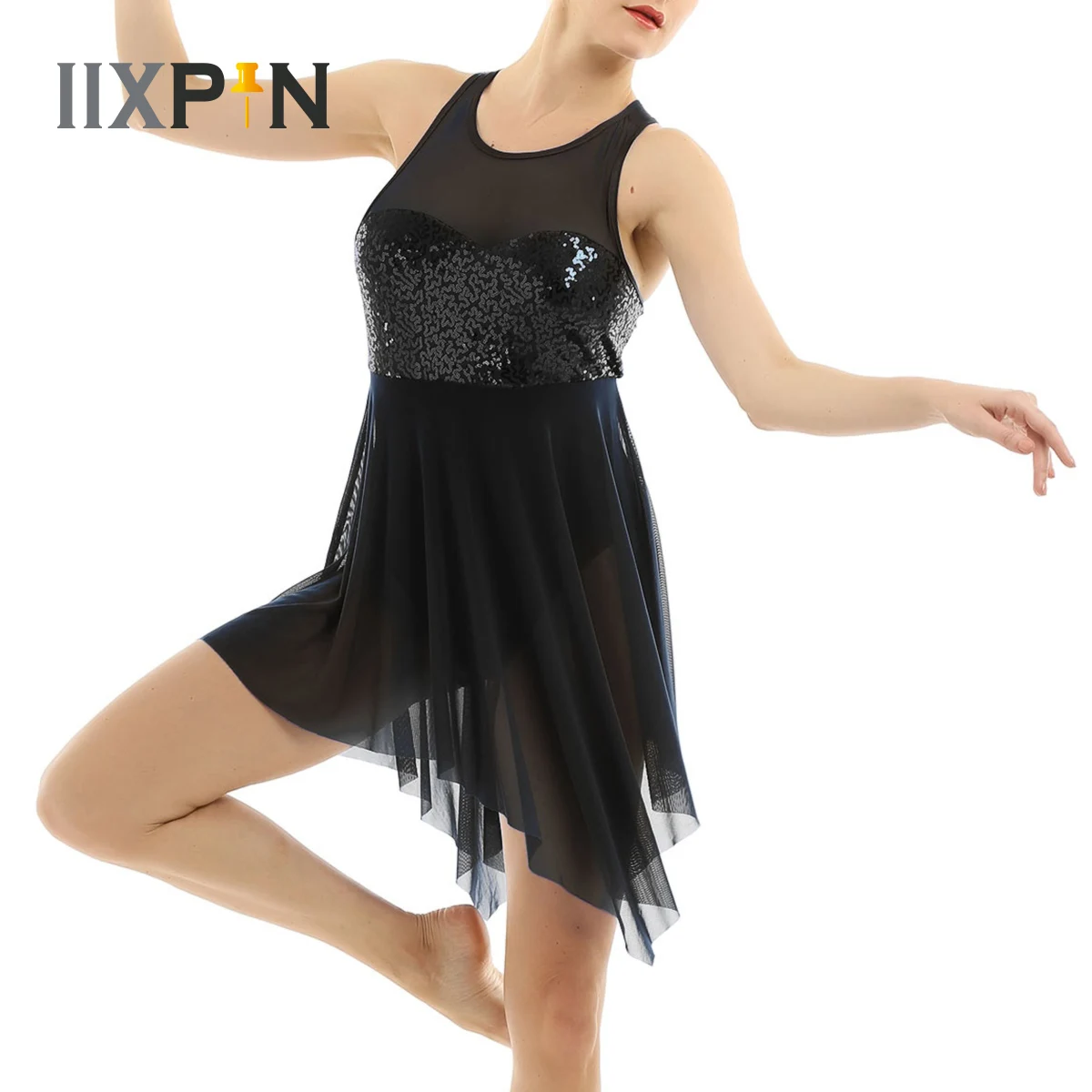 

Women Ballet Dress Gymnastic Leotard Dress Sequins Asymmetric Mesh Criss Cross Back Mesh Dance Gymnastics Ballet Dancewear