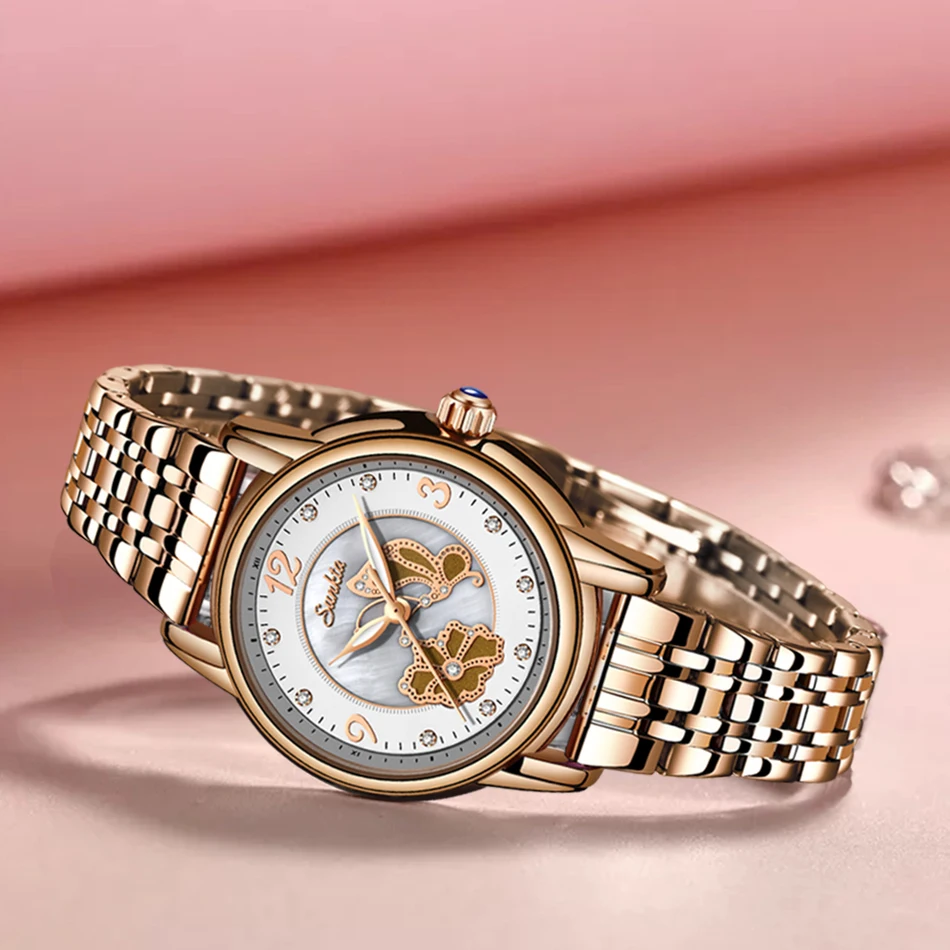 Женские деловые кварцевые часы SUNKTA роскошные брендовые наручные цвета розового