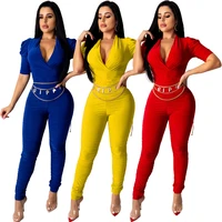 sexy v neck elegant jumpsuit women short sleeve ruched bandage bodycon rompers women jumpsuits office lady party club overalls