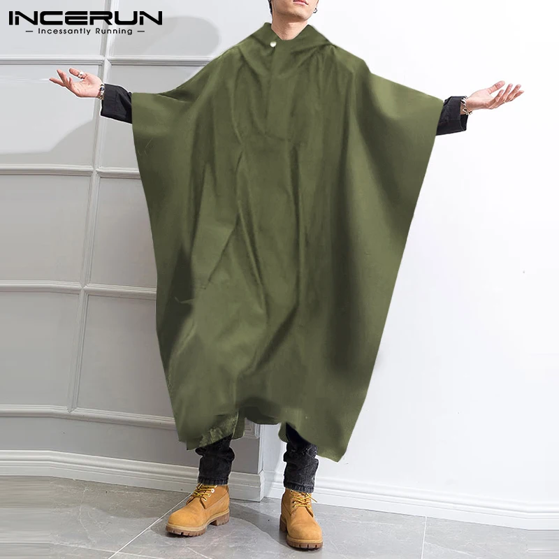 

INCERUN Tops 2022 Autumn Winter Men Poncho Solid Comeforable Hooded Male Well Fitting Long Cape Coats Sleeve Cloak Trench S-5XL