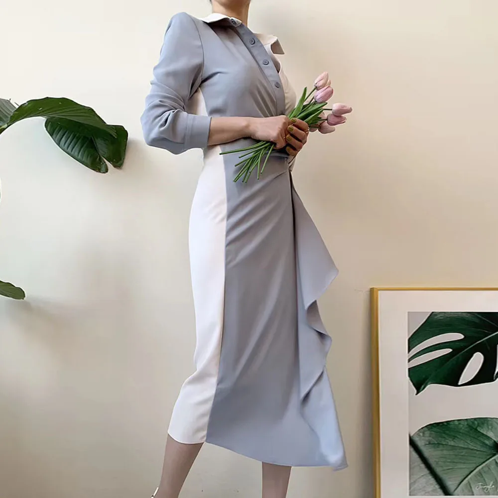 Женское асимметричное платье рубашка офисное контрастных цветов с рюшами