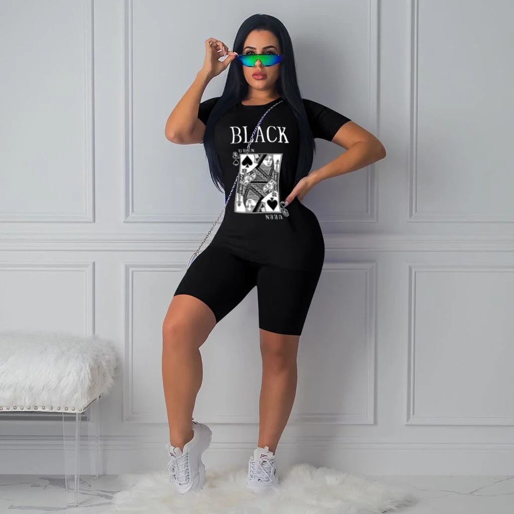 

Zoctuo Two Piece Set Shorts For Women Black Queen Poker Printing Top Solid Black Shorts Sets O Neck T-shirt Short Tracksuit Sets