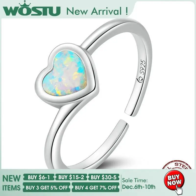 

WOSTU 925 Sterling Silver Classical Love Heart Rainbow Opal Open Ring For Women Anniversary Jewelry Gift Adjsutable Size FNR234