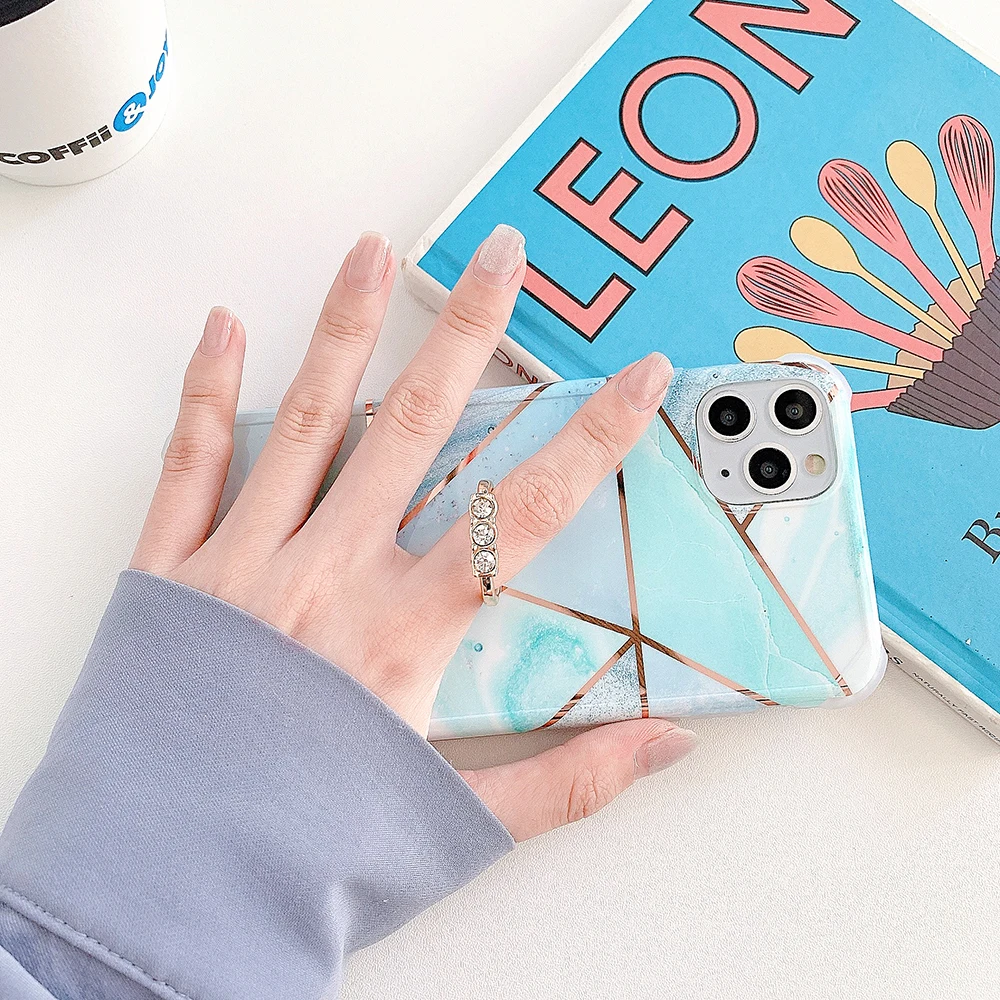 LOVECOM Electroplated Geometric Marble Phone Case For iPhone 12 11 Pro XR XS Max Corner Shockproof Soft Ring Finger Back Cover | Мобильные