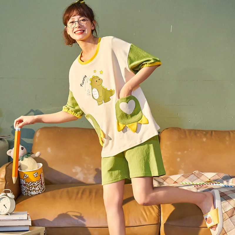 

Love Green Dragon Pajamas Women's Summer Loose Cute Short Sleeve Suit Korean Style Fresh and Thin Autumn Homewear Can Be