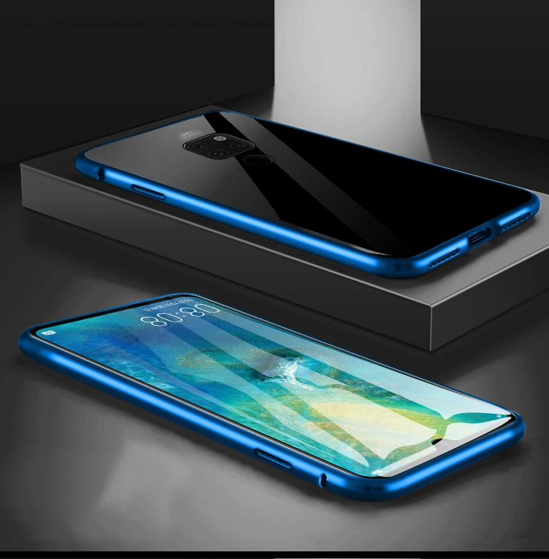 Blue Магнитный адсорбционный металлический чехол для телефона huawei Honor mate 20 10 Lite P20 P30 Pro 8X чехол Магнит прозрачное закаленное стекло крышка - Цвет: Blue