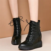 fashion sneakers women lace up genuine leather wedges high heel ankle boots female high top pointed toe platform pumps shoes