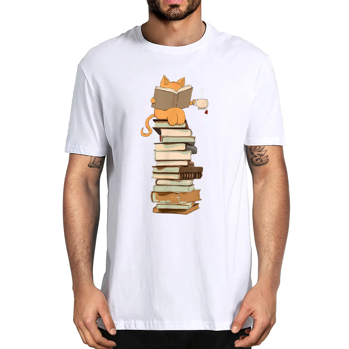 

Kawaii Funny Cats Reading Books And Tea Gift 100% Cotton Summer Men's Novelty Oversized T-Shirt Women Casual Streetwear EU Size