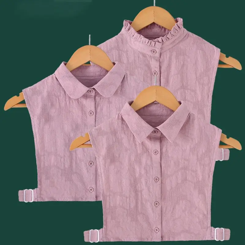 

Women Ladies Crochet Lace False Fake Collar Cameo Brown Solid Button Down Detachable Lapel Ruffles Half-Shirt Blouse
