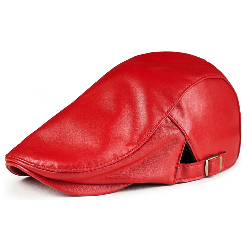

Mens Beret Red Flat Cap Genuine Leather Casual Adjustable Ivy Cap Vintage Casual Newsboy