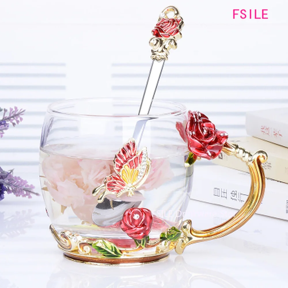 Эмалированная прозрачная стеклянная кружка для кофе чая синие розы набор