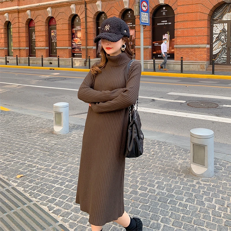 

High neck knitted dress women fall/winter loose inner base clothing over the knee sweater dress