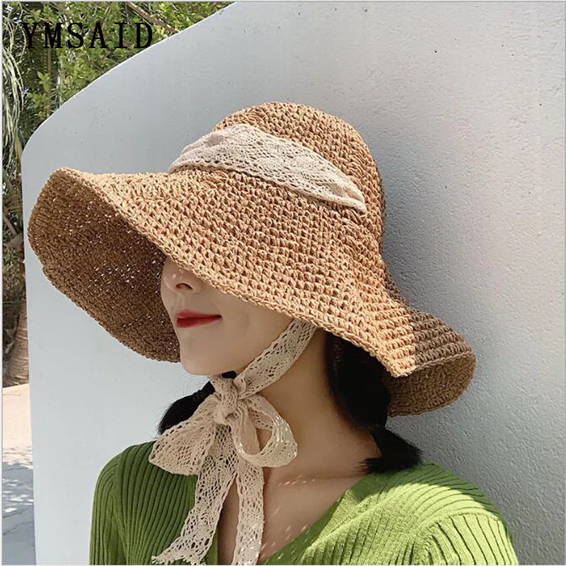 

SWAK NEW Fashion Handmade Straw Hat Women Summer Sun Visor Sun Hat Lace Foldable Bucket Cap Female Summer Hat Straw Beach Hat