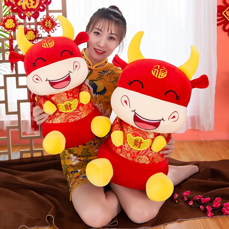 

Kawaii Red Cattle Soft Stuffed Animals Plush Toys Simulation for Sofa Decor 2021 New Year Family Friend Girl Children Kids Gift
