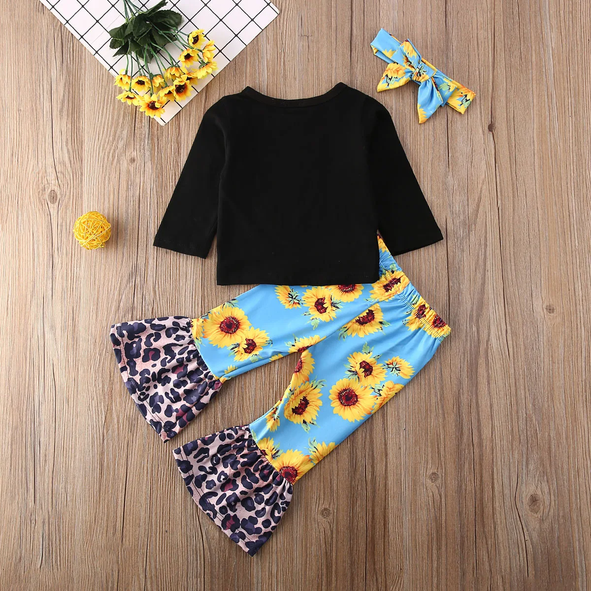 Pudcoco Toddler Baby Girl Clothes Letter Long Sleeve T-Shirt Tops Sunflower Leopard Print Bell-Bottoms Headband 3Pcs Outfits Set | Детская