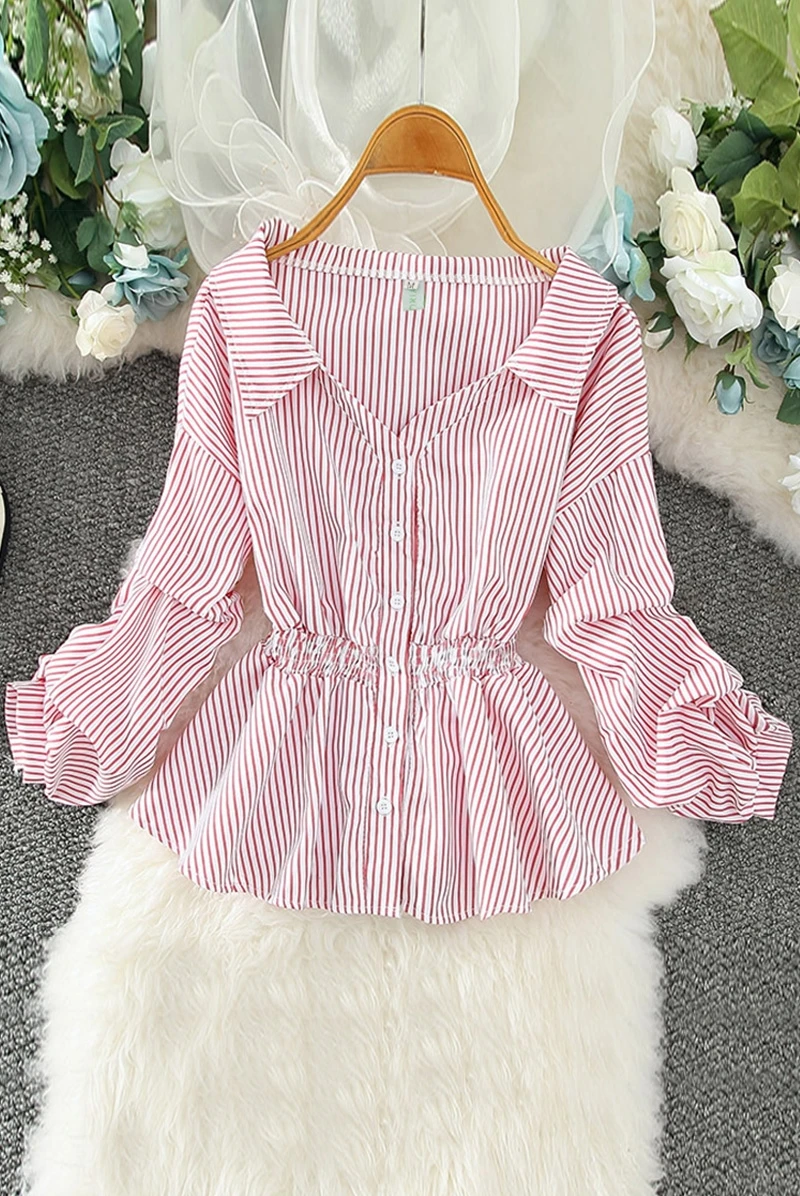 

Houthion Women's Blouse Striped Top V-neck Slim Fashion Blouses Casual Summer Korean Shirt New Long-sleeved Tops