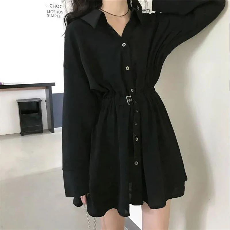 

2022 Spring Summer Black Long Sleeve Dress Office Korean Fashion Button Tunics Causal Elegant Blouse Mini Dress Brief All-match