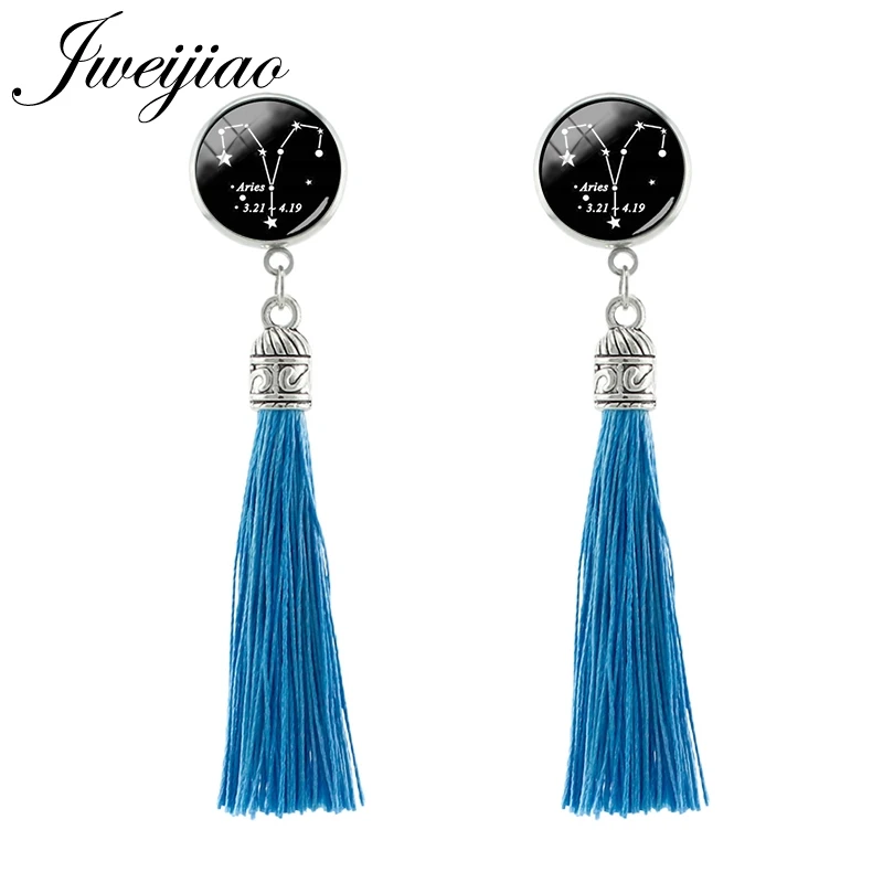 

JWEIJIAO Aries Taurus Signs Of The Zodiac Stud Earrings Long Tassel Pendant Glass Dome Bohemia Earring Jewelry Birthday Gifts 1