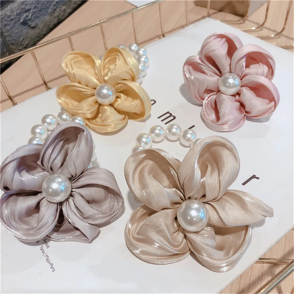 

Women Elastic Hair bands Hair tie Girl Yarn Solid Flower Pearl Korean Hair Accessories Handmade Head bands Horsetail Wholesale