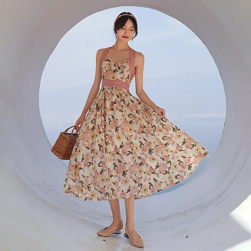 

Women Long Floral Halter Dress Summer 2022 Runway Elegant Boho Vintage Korean Fairy Casual Tropical Beach Vacation Party Dresses
