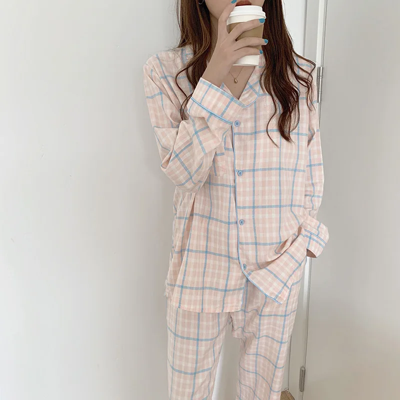 

Two Piece Pajamas Small Fresh Large Plaid Loose Home Wear Set Fall / Winter 2020 New Korean Comfortable Long Sleeve Pajamas