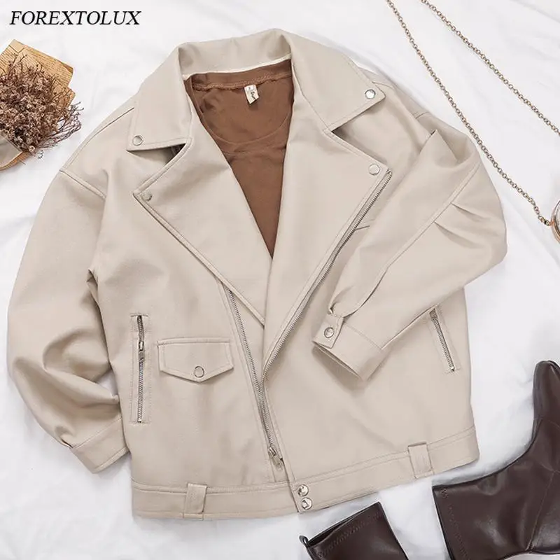 

Осенняя новая свободная куртка Forextolux 2021 из искусственной кожи, женская уличная одежда оверсайз с лацканами и заклепками на молнии