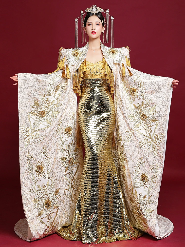 

Chinese style Stage catwalk Golden skirt Customize Embroidery dress Host evening Sexy Dress Princess dress Queen Evening Dress