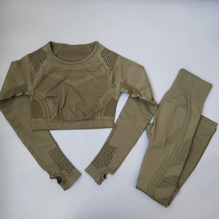 Комплект для йоги открытые бесшовные леггинсы с длинным рукавом + длинные штаны