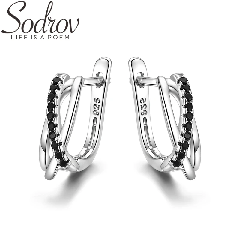 SODROV, настоящие 925 пробы, серебряные серьги-кольца для женщин, черная шпинель, серебро 925, ювелирные изделия I023