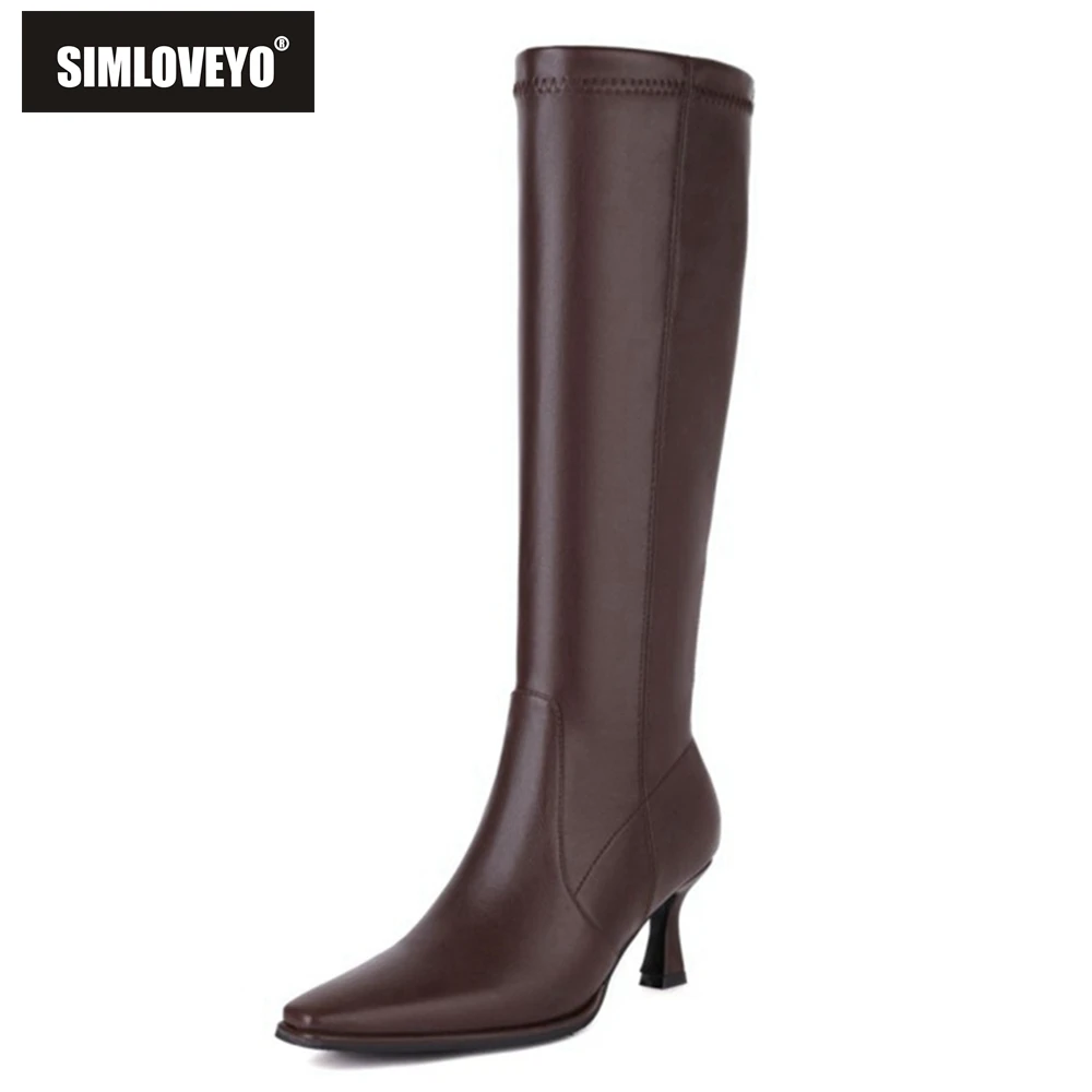 

SIMLOVEYO Women Luxury Brand Modern Knee High Boots PU Leather Pull On Pointed Toe Stileeto Heel Ladies Party Plus Size 46 S2461