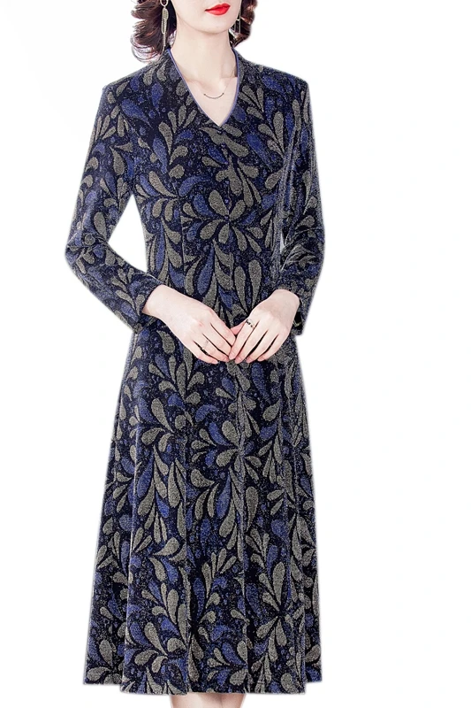 

COIGARSAM 4XL Plus Size Women dress New Spring Lurex V-Neck Dresses Blue 2002